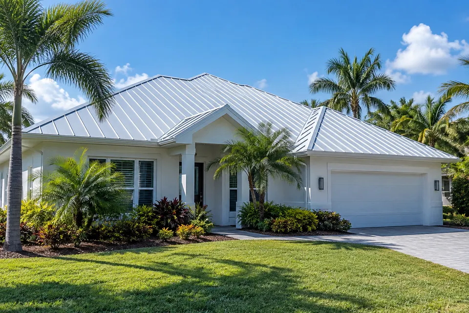 A single-story home with a white standing seam metal roof and palm trees