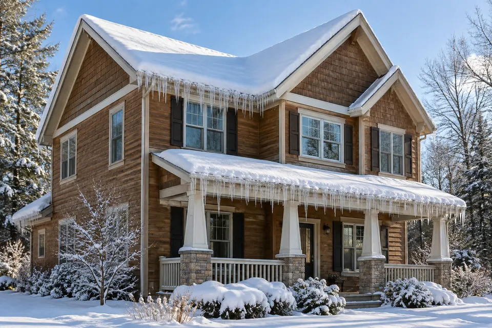 A two-story house with snow on its shingle roof and icicles along the eaves